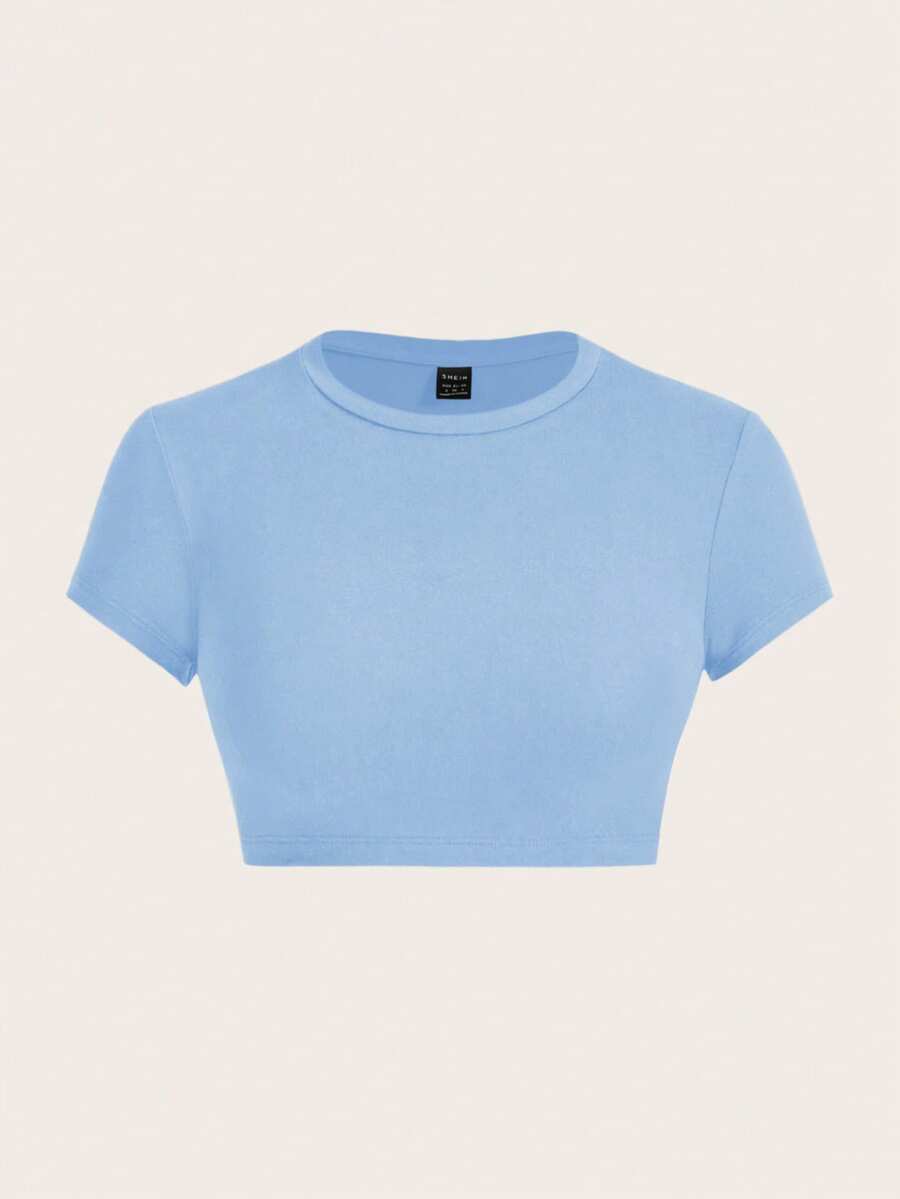 SHEIN ICON 休闲纯色圆领短袖修身短款女式T恤，适合夏季 - 淺藍色 - 查看 1
