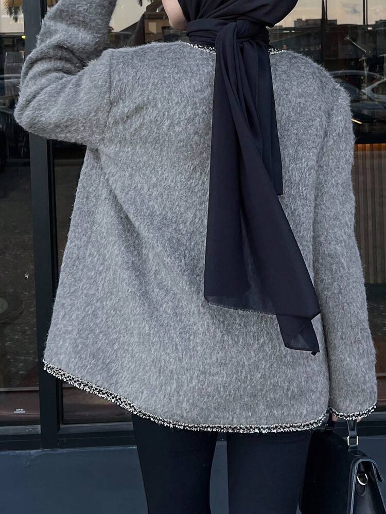 Women's Elegant Color Block Ribbon Collar Pockets Long Sleeve Fitted Thick Woollen Coat, Autumn/Winter Jacket Modest Fashion