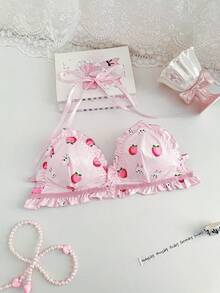 PetitDoll Lencería de mujer con estampado de melocotón, con tirantes de espagueti y volantes en el cuello halter - Rosa - Ver 5