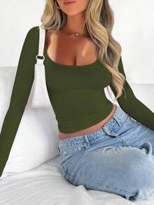 Zavorell Camiseta de manga larga de ajuste ceñido de unicolor casual para mujer - Verde militar - Ver 4
