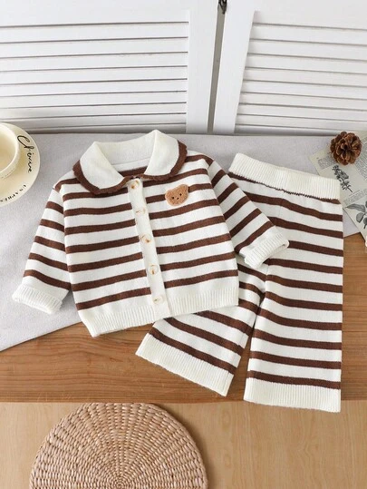 SHEIN Vintaside Kids 女婴条纹拼色圆领开衫套装，秋冬