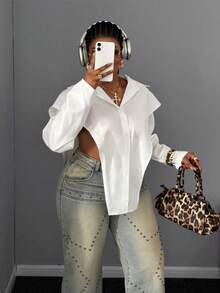 Maweii 大码女式纯色长袖单排扣侧开衩休闲衬衫 - 白色 - 查看 1