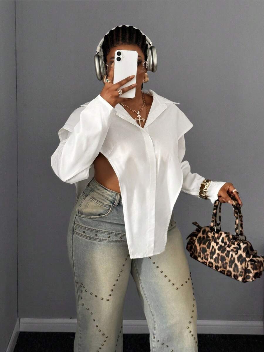 Maweii 大码女式纯色长袖单排扣侧开衩休闲衬衫 - 白色 - 查看 1