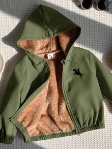 SHEIN 男女通用婴儿休闲可爱百搭卡其色羊毛加厚连帽夹克，男婴/女婴秋冬装 - 軍綠色 - 查看 9