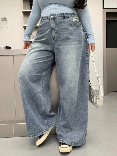 Dazy Plus 加大码做旧洗水阔腿男友牛仔裤、宽松牛仔裤