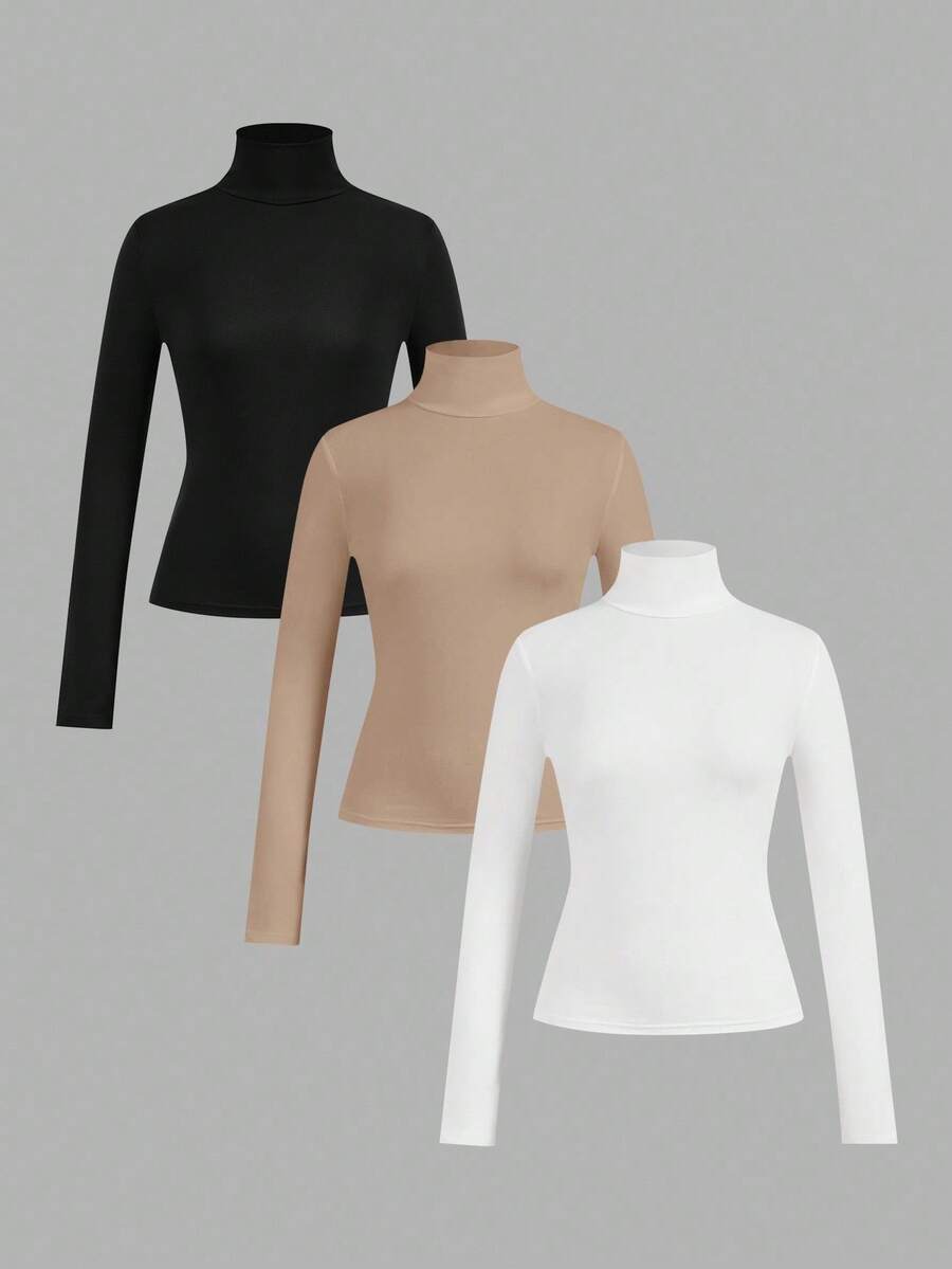 SHEIN EZwear Bộ 3 áo thun ôm sát cổ cao tay dài màu đen, kaki, trắng dành cho nữ, phù hợp cho mùa thu/đông - Nhiều màu - Xem 1
