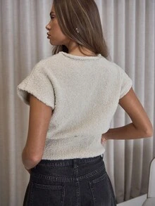 MUSERA Áo len tay ngắn cổ thuyền, dáng lửng, cạp chun, dễ thương, thanh lịch, gợi cảm, thích hợp cho tiệc tối, mùa đông, mùa xuân, đi nghỉ mát. - Màu Khaki - Xem 2