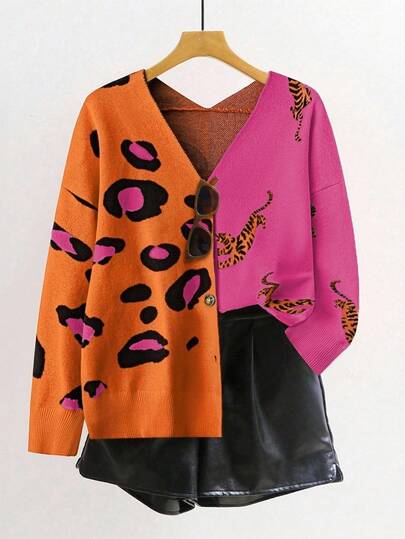 EMERY ROSE Plus Size Color Block Leopard Print V-Neck Button Down Long Sleeve Cardigan