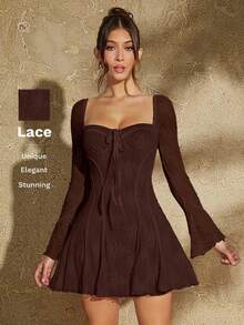 SHEIN BAE 女式蕾丝杯荷叶边下摆连衣裙 - 咖啡棕 - 查看 9