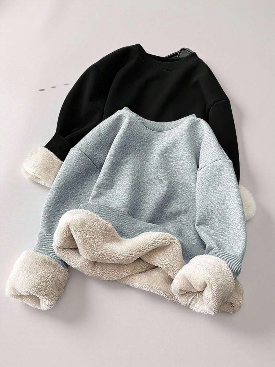 2 件 BASICS 年轻女孩休闲百搭舒适蓬松内衬圆领宽松长袖套头衫，2 种款式，每种 1 件，适合通勤、上学、日常休闲、旅行、运动、秋冬 - 彩色 - 查看 1