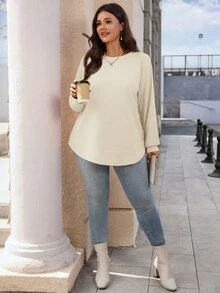EMERY ROSE Plus Size Casual Solid Color Crew Neck Sweatshirt/ Winter - White - View 4