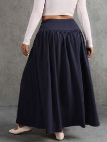 Elaquor Falda elegante y de moda con cintura alta, decoración de sol de metal y pliegues para mujer de talla grande - Azul - Ver 2