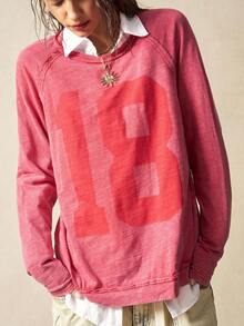 Bohemela 女士休闲纯色针织圆领长袖宽松水洗T恤 - 紅色 - 查看 2