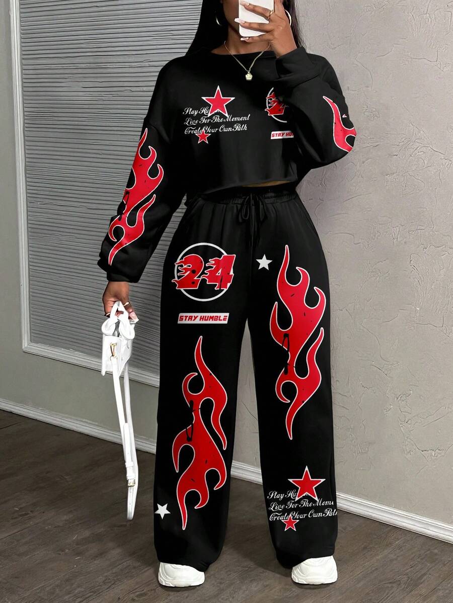 Slaydiva 女士休闲街头风格宽松运动两件套,适合秋冬季,火焰印花,适合街头穿着 - 彩色 - 查看 1