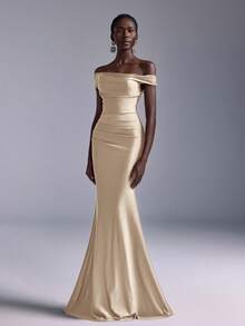 Elitara Elegant Ruched Off Shoulder Mermaid Dress, Suitable For Weddings, Parties, Vacations, Prom, Bridesmaid (Adult) - Apricot - View 6