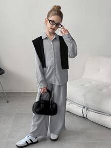 Tween Girls Striped Long Sleeve Shirt And Wide Leg Striped Pants With Shawl 2 Pieces Casual Set - Black - View 7