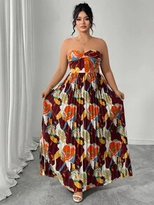 Elenzga 大码女式优雅浪漫数码印花露肩A字连衣裙，夏季度假风 - 酒紅色 - 查看 6