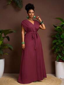Veslaya Plus Size Summer Vacation Casual Solid Color Front Button Long Dress - Burgundy - View 3