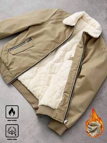 Manfinity Homme Men's Plus Size Winter Fleece Coat, Modest Hiking Outdoor, Loose Khaki Lapel Quilted Lining Zipper Pocket Coat - Khaki - View 3