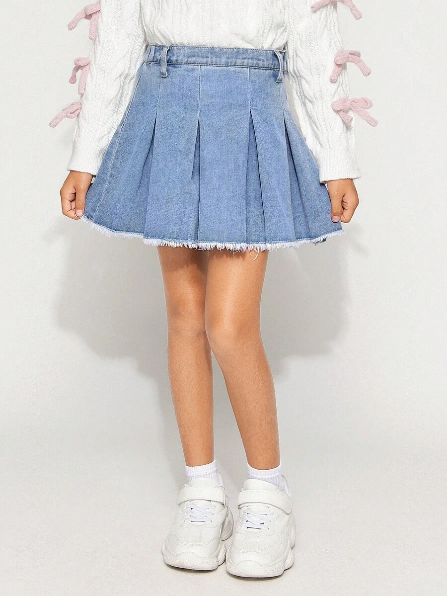 Radiana Tween Girls的y2k款實色褶皺生邊牛仔短裙,適合春夏波西米亞搭配 - 淺色水洗藍 - 查看 1