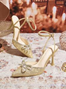 CUCCOO TILAWA Gold Glitter Rhinestone Bow Decor Strap Hollow Out Fashionable Sexy Gold Color High Heels - Gold - View 2