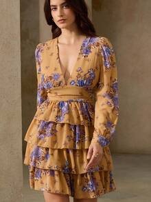 Revavyn 女士时尚随机印花长袖连衣裙度假装 - 棕色 - 查看 3