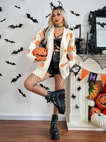 Chiquease Halloween Casual Pumpkin Pattern Knit Cardigan Pumpkin Sweater Halloween Sweater - White - View 5