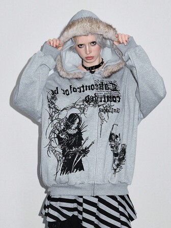Sudadera con capucha de felpa con calavera y texto oscuro desgastado para Halloween
