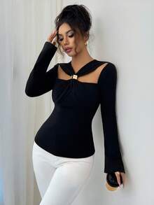 Selianne Áo thun nữ dáng ôm khoét lỗ màu trơn thanh lịch dành cho người đi làm - màu đen - Xem 6