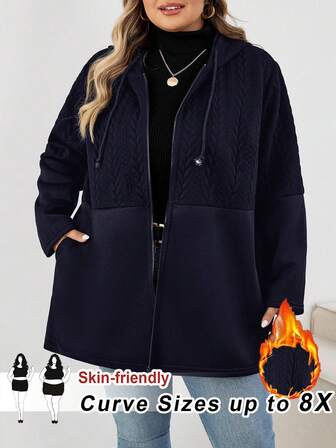 SHEIN CURVE+ 大码女式黑色休闲连帽长袖夹克，秋季外套，女式秋装，冬季，CURVE PLUS