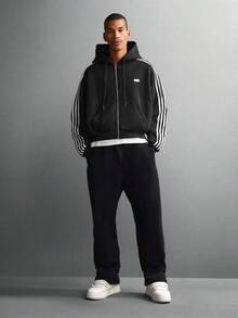 SUMWON 全拉链连帽衫，带饰带细节，短款运动风格，轻便休闲，春秋都市街头风 - 黑色 - 查看 6