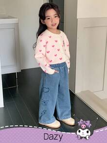 DAZY HELLO KITTY AND FRIENDS | SHEIN 年轻女孩休闲心形和卡通图案松紧腰牛仔裤 - 淺色水洗藍 - 查看 4