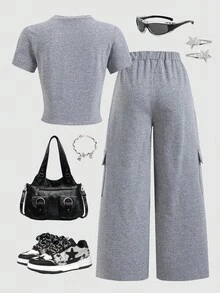 SHEIN Explorewe 2pcs/Set Tween Girls' Casual Patchwork Printed Short Sleeve T-Shirt And Cargo Pants Suit,Grey Summer Cow Boy Daily Commute Leisure Vacation Street - Grey - View 2