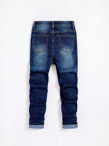 Calça Denim Skinny Elástica com Forro de Fleece Quente, Azul Escuro, Estilo Y2K Vintage, Casual de Inverno para Escola e Volta às Aulas, para Meninos Pré-Adolescentes, Uso Diário no Outono - Azul - Visão 4