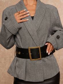 Lumalex Veste surdimensionnée élégante grise d'automne pour femme de bureau avec épaulettes exagérées et ceinture, blazer de coupe régulière de luxe style Old Money pour soirée, bal de promo et dîner - Noir et Blanc - Voir 5