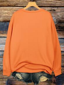EMERY ROSE Halloween Graphic Print Casual Crew Neck Fleece Long Sleeve Sweatshirt, Gift For Friends, Autumn/Winter - Orange - View 2