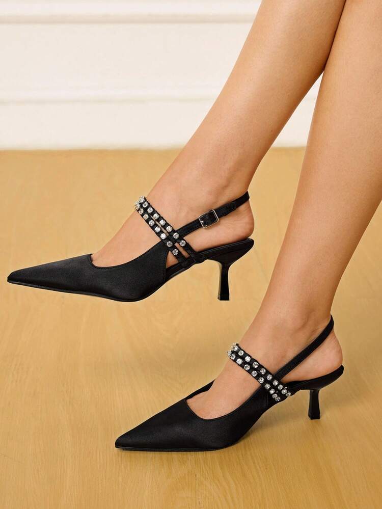 CUCCOO HITCHD Women's Pointed Toe Rhinestone Embellished Stiletto Heel Elegant Glamorous Romantic Sexy Fashion Gothic Black Satin High Heel Sandals, Suitable For Formal Occasions, Weddings, Parties, Halloween, Christmas, Thanksgiving, Valentine's Day