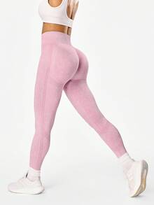 SHEIN Sports 哑光粉高腰无缝紧身裤瑜伽女裤 - 粉色 - 查看 2