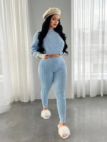 SHEIN SXY 女款休閒學院風水藍色拼接刺繡長袖上衣與內搭褲套裝，秋冬居家旅行毛衣套裝 - 藍白色 - 查看 4
