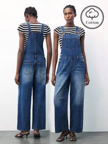 Maija 女式休闲猫须口袋牛仔背带裤，夏季 - 中等水洗藍 - 查看 2