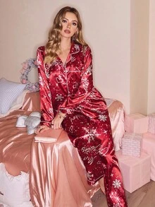 休闲年轻女士多色缎面圣诞睡衣套装长袖翻领字母雪花印花带口袋常规版型红色丝绸睡衣红色缎面睡衣女士红色睡衣睡衣套装女士冬季、秋季服装 - 彩色 - 查看 5