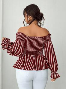 Elenzga Plus-Size Long-Sleeved Fashionable Casual Vacation Off-Shoulder Commuting Bow Christmas Red New Year Party Shirt - Burgundy - View 3