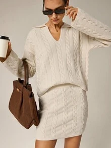 Hanevo 2件套女士休闲舒适懒人针织毛衣套装，秋冬 - 杏色 - 查看 6