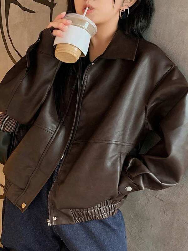 Dazy Plus Plus Size Women Solid Color PU Leather Lapel Loose Motorcycle Jacket, Autumn/Winter