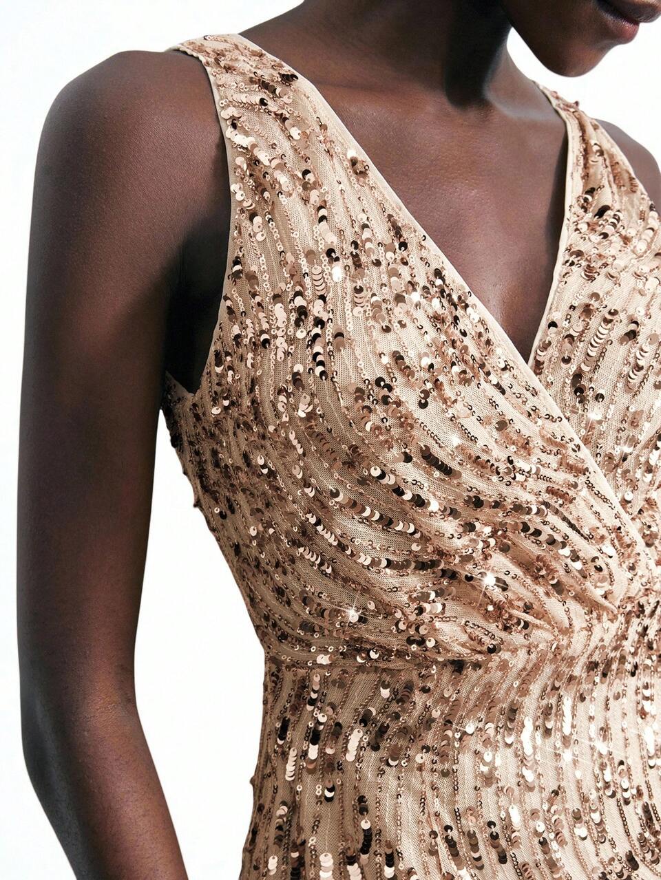 SHEIN Maija Beige,Summer,Elegant,Holiday Dinner Women Ruched Waist Rose Gold Sequin Dress,V Neck Backless Midi Slip Dress,Slim-Fit Art-Inspired Party Outfits