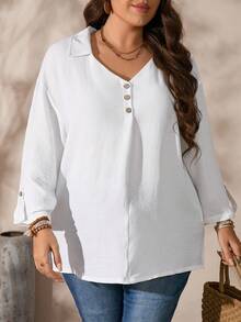 SHEIN Top de Manga Longa Minimalista de Cor Sólida Plus Size, Uso Casual - Branco - Visão 3
