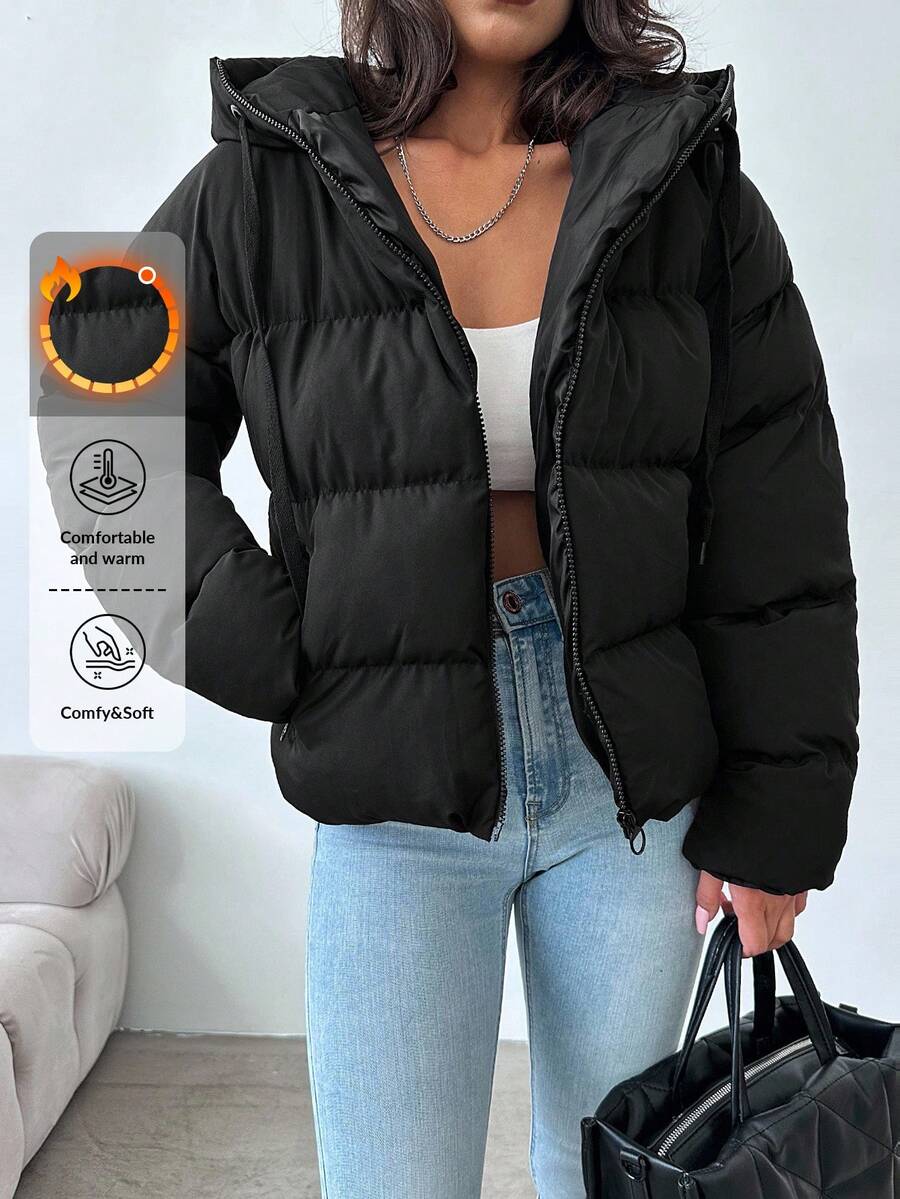 RueChic Zip Up Hooded Puffer Coat - Black - View 1