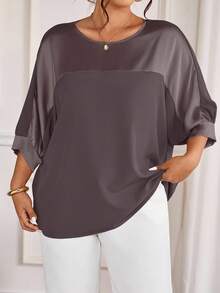 Cravure Plus Size Round Neck 3/4 Sleeve Foil Fabric Patchwork Contrast Color Woven Fabric Cuff Raglan Sleeve Casual Outgoing Vacation Commute Party Pullover Shirt - Rust Brown - View 5
