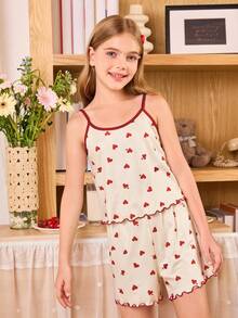 SHEIN 2件套可爱细肩带心形印花大女孩睡衣 - 杏色 - 查看 1