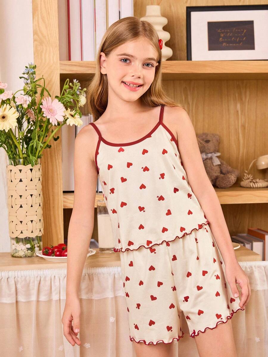 SHEIN 2件套可爱细肩带心形印花大女孩睡衣 - 杏色 - 查看 1